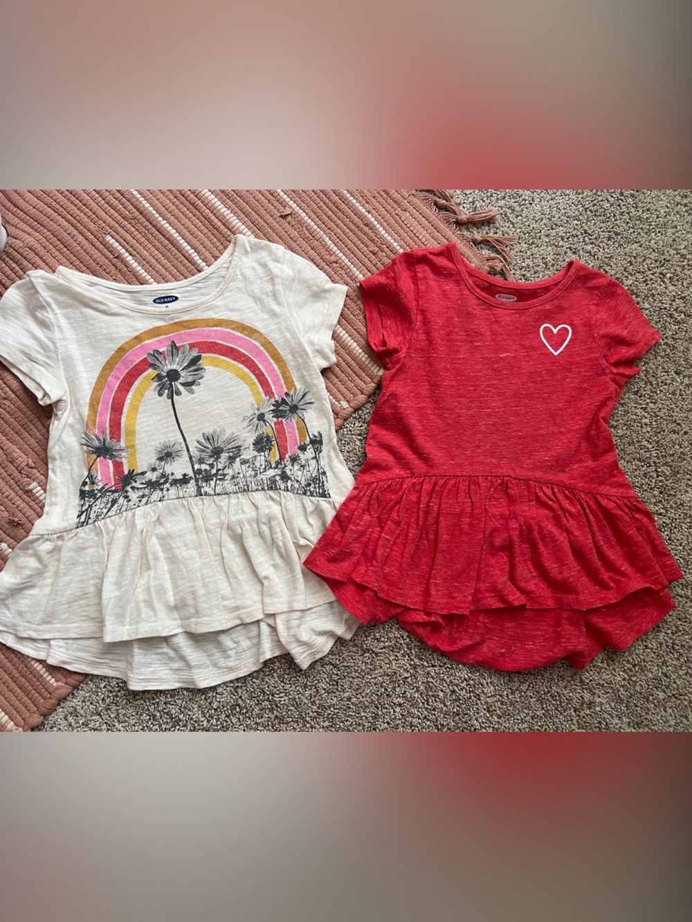 Cat & Jack Red Ruffle Hem Tee with Heart Detail & Cream Rainbow Ruffle Top